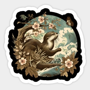 Aquatic Animal Vintage Sunset Art Floral Japanese Otter Sticker